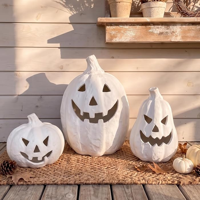 3 Pcs Fall Decoration, Terracotta Pumpkins Outdoor, 3 Size, White | Amazon (US)
