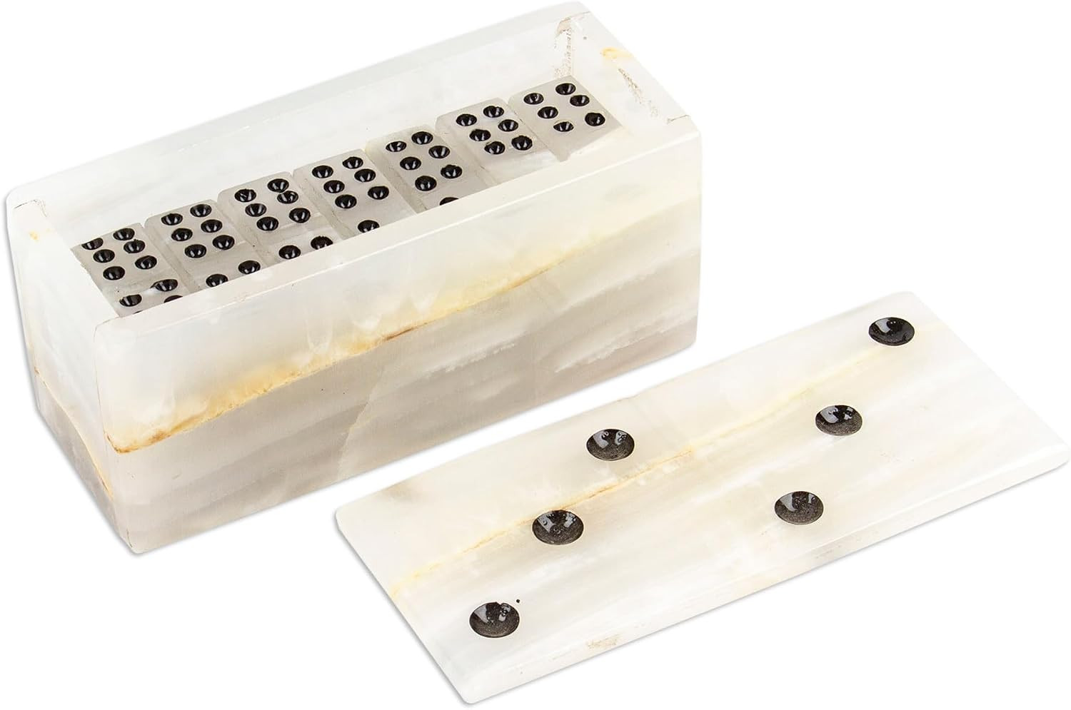 NOVICA Artisan Crafted Onyx Domino Earth's Game | Black Dots | Storage Box Shaped | Portable | Square Shaped | Wooden Box | Rustic Style | Beige Color | Mexico 0.3" H x 0.6" W x 0.4" D (Set of 28) | Amazon (US)