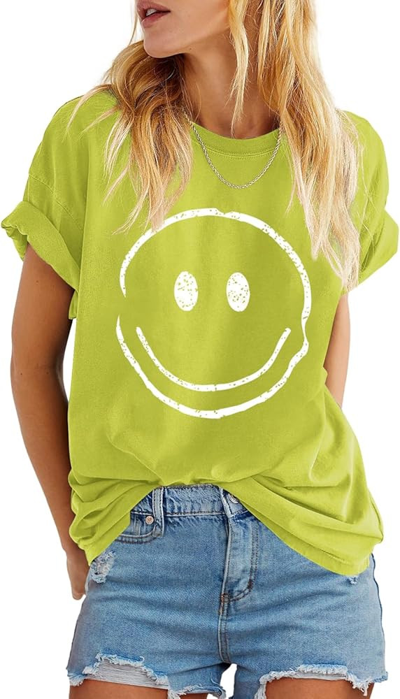 ReachMe Womens Summer Cute Smile Face Graphic T-Shirts Trendy Vintage Casual Loose Short Sleeve T... | Amazon (US)