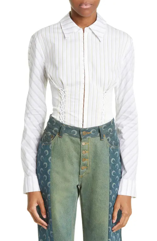Marine Serre Women's Striped Side Lace-Up Shirt in White at Nordstrom, Size 6 Us | Nordstrom