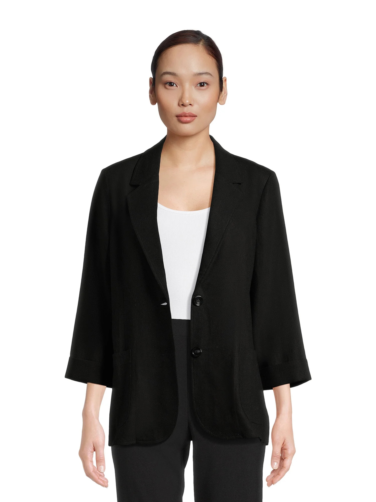 Time and Tru Women’s Linen-Blend Button Front Blazer with Patch Pockets, Sizes S-XXXL | Walmart (US)