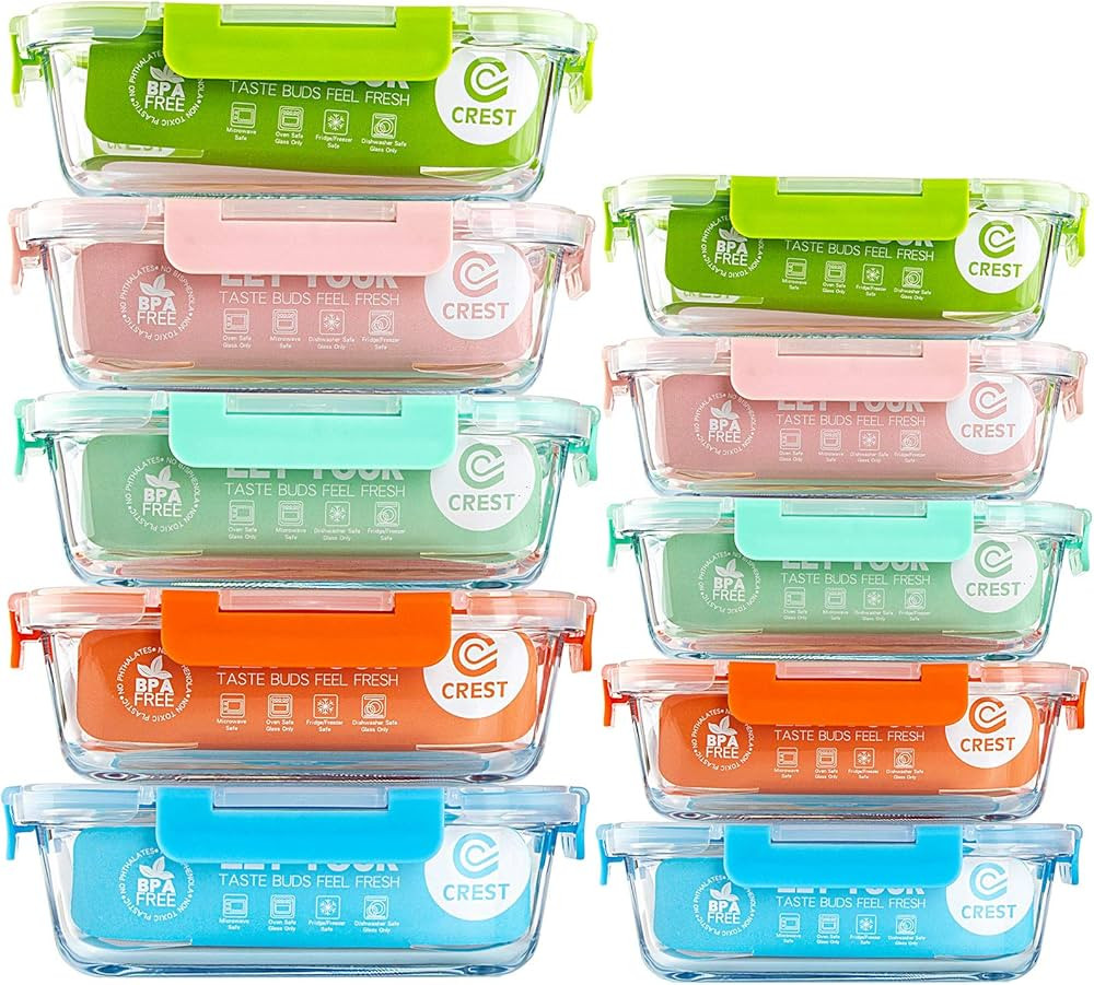C CREST [10-Pack Glass Food Storage Containers (A Set of Five Colors), Meal Prep Containers with Lids for Kitchen, Home Use - Airtight Glass Lunch Boxes | Amazon (US)