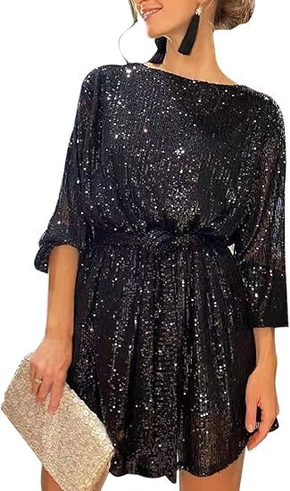 GTMRINJN Women Long Sleeve Sequins Glitter Dress Party Sparkle Loose Fit Shift Mini Short Dress w... | Amazon (US)