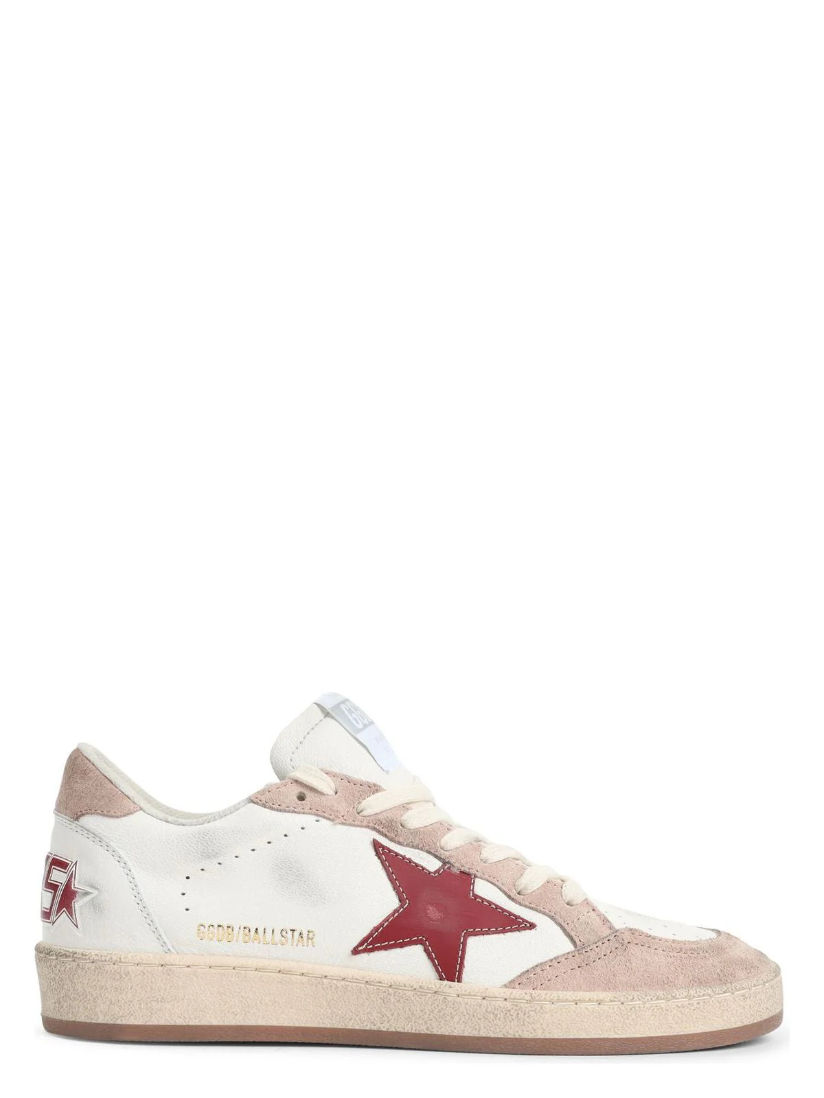 Golden Goose Women's Ball Star Distressed Effect Sneakers With Red Leather Star And Pink Suede Heel Tab in White | Size 41 | GWF00117F006818 | LOZURI