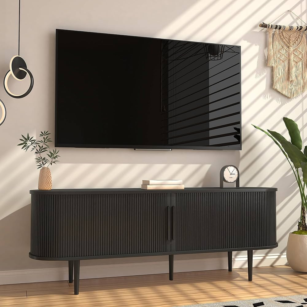 TV Stand, Wood TV Stands for Living Room, Entertainment Center with Storage and Sliding Door for ... | Amazon (US)