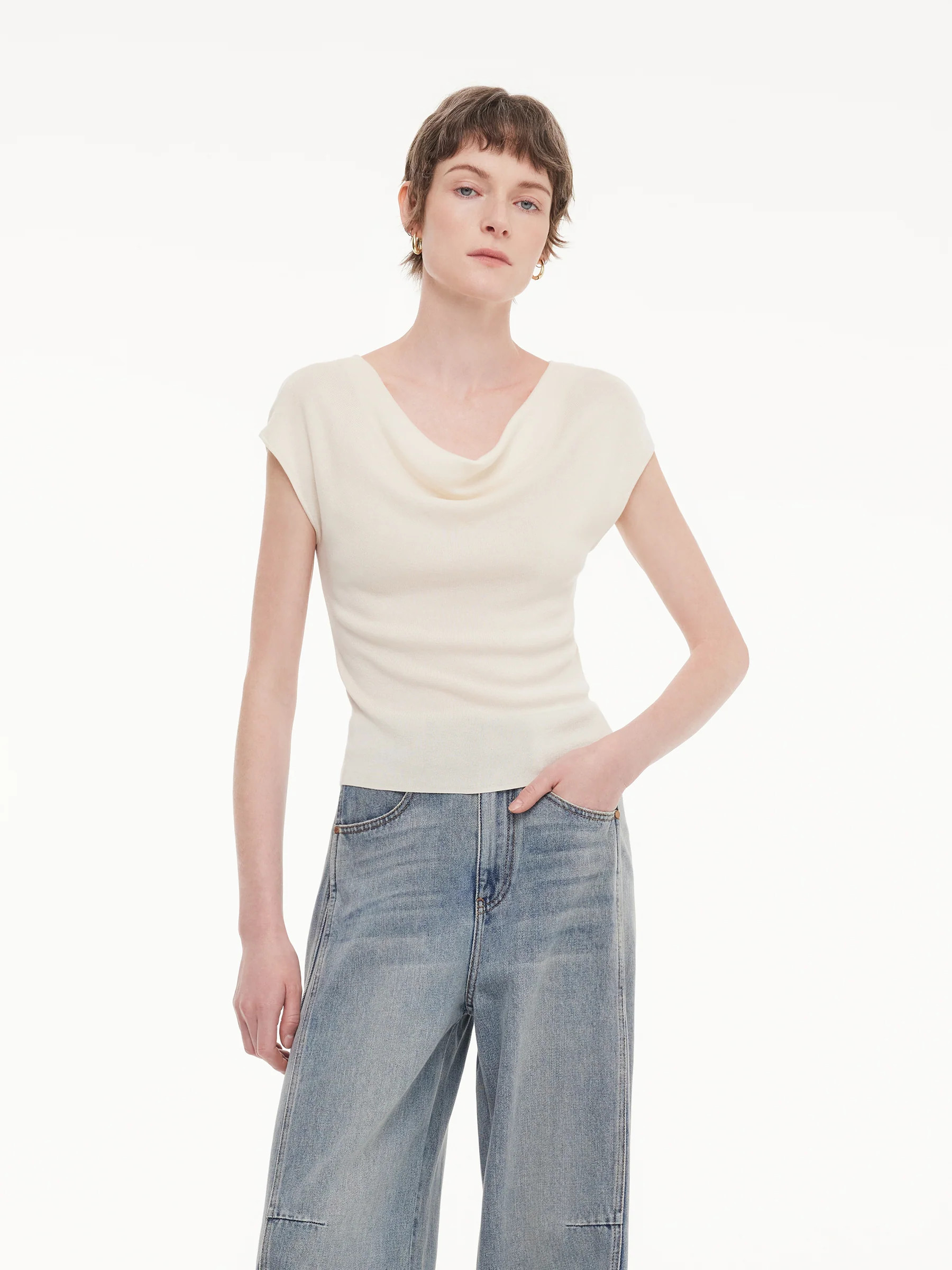 Tencel Mulberry Silk Cowl Neck Women Cap Sleeve Knit Top - Off White / S | GOELIA