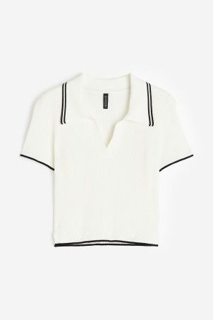 Rib-knit Top with Collar - White - Ladies | H&M US | H&M (US + CA)