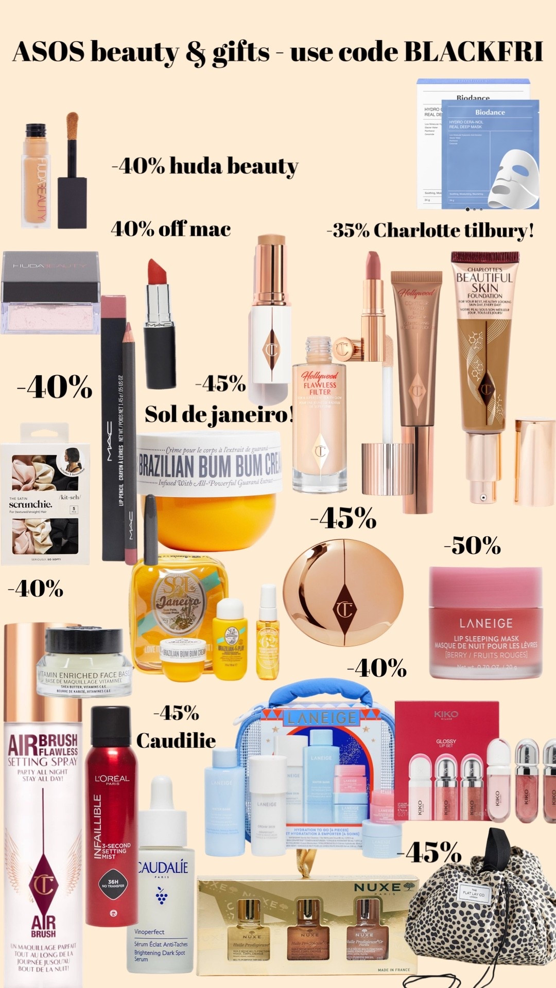 45% off caudilie, 40% off mac, 45% off Sol de janiero, 40% off huda beauty, 50% off langiege, 35-40% off Charlotte tilbury - all at asos!! 

Beauty discounts, asos discount, Black Friday 

#LTKCyberWeek