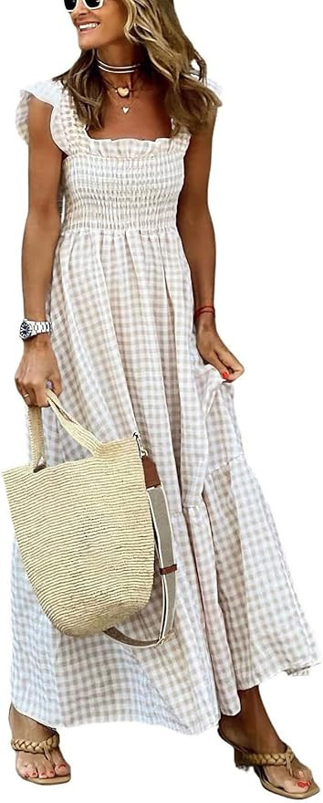 Women's Sleeveless Strap Retro Plaid A-Line Smocked Maxi Long Dress with Ruffled Hem | Amazon (US)