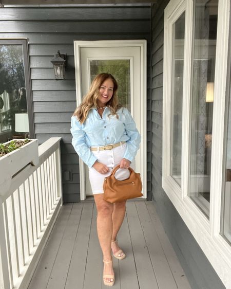 Beautiful gauze sky blue button up blouse. The quintessential Summer blouse. It is so lightweight and pretty. I love it with white denim. Purse: @bosanten

#LTKstyletip #LTKSeasonal #LTKGiftGuide