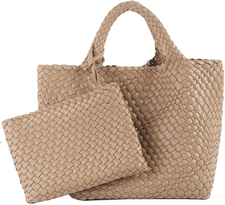 Woven Tote Bag, Women Macaron Soft Leather Weave Handbag Purse Wrist Bag Large Capacity Work Shop... | Amazon (US)