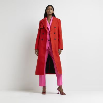 Red double breasted belted trench coat | River Island (UK & IE)