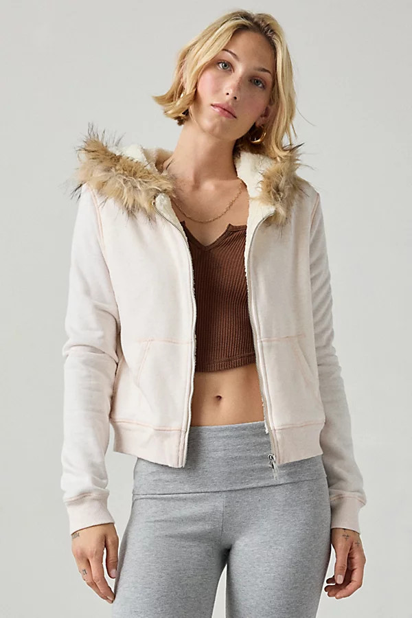 Out From Under Bundle Up Faux Fur Trim Zip-Up Hoodie Sweatshirt in Neutral, Women's at Urban Outfitters | Urban Outfitters (US and RoW)