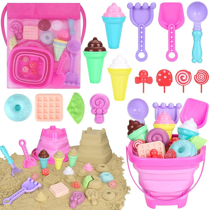 Collapsible Beach Toys Set for Kids Toddlers Girls, Collapsible Sand Bucket and Shovels Set with ... | Amazon (US)