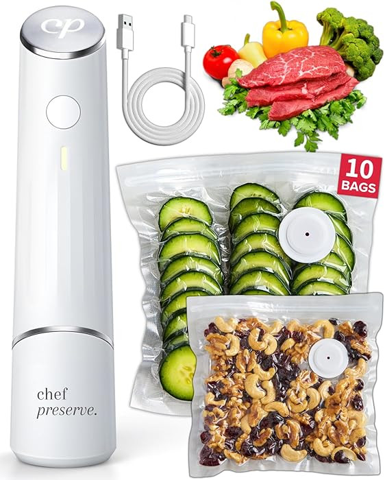Chef Preserve Compact Vacuum Sealer for Food (Vacuum Sealer Machine + 10 Reusable Vacuum Bags) Po... | Amazon (US)