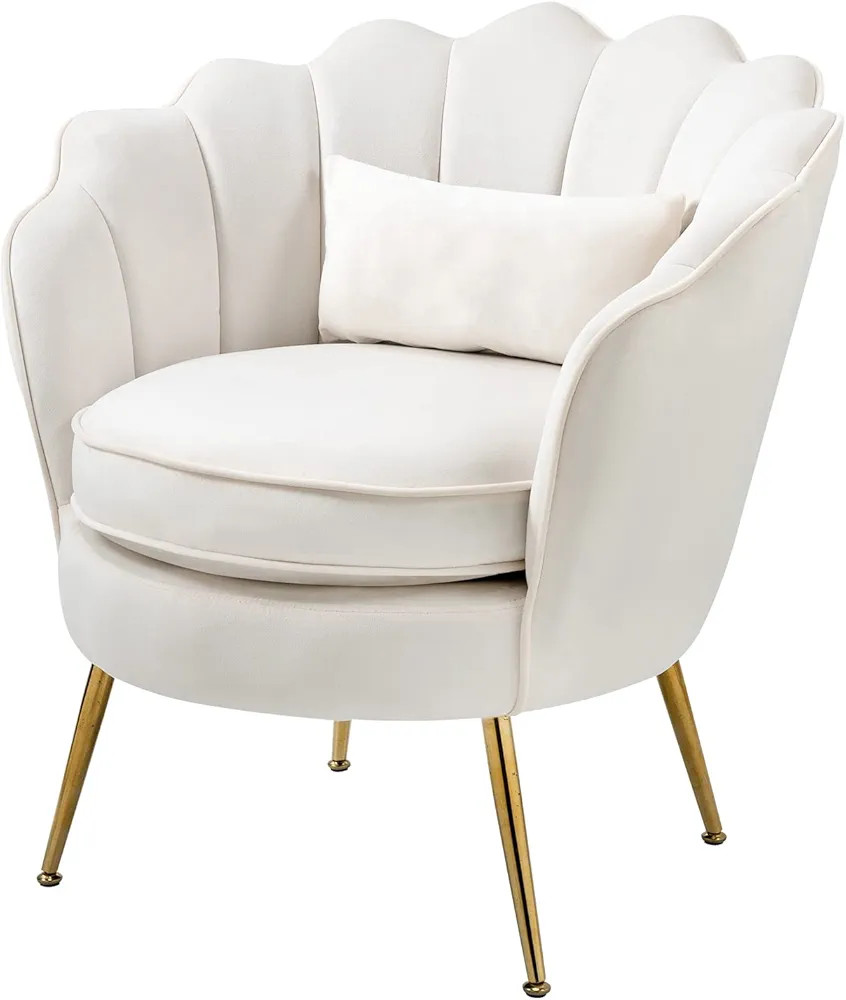 WQSLHX White Barrel Velvet Accent Chair with Lumbar Pillow for Bedroom, Mid Century Modern Vanit... | Amazon (US)
