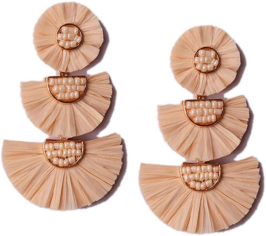 L&N Rainbery Bohemian Handmade Drop Earrings Fashion Beaded Raffia Palm Earrings for Women Tiered Da | Amazon (US)