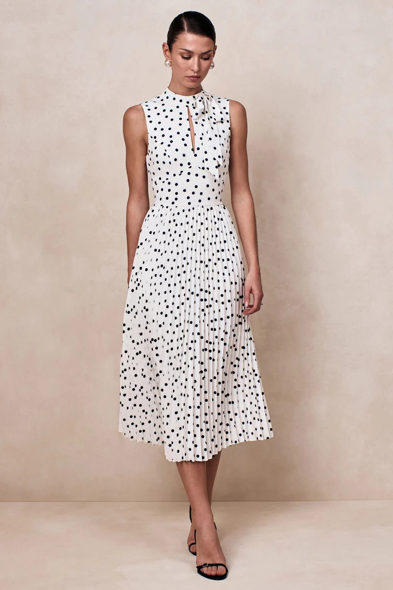 Avalon  White Polka Dot Scarf-Neck Midi Dress With Pleated Skirt | Club L London