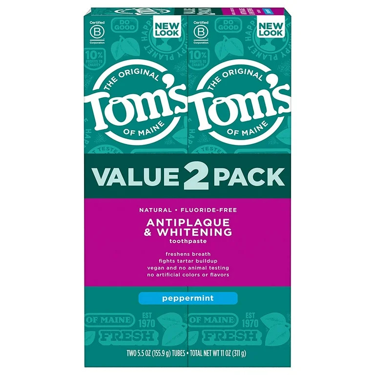 Tom's of Maine Fluoride-Free Antiplaque & Whitening Natural Toothpaste, Peppermint, 5.5 oz. 2-Pac... | Walmart (US)