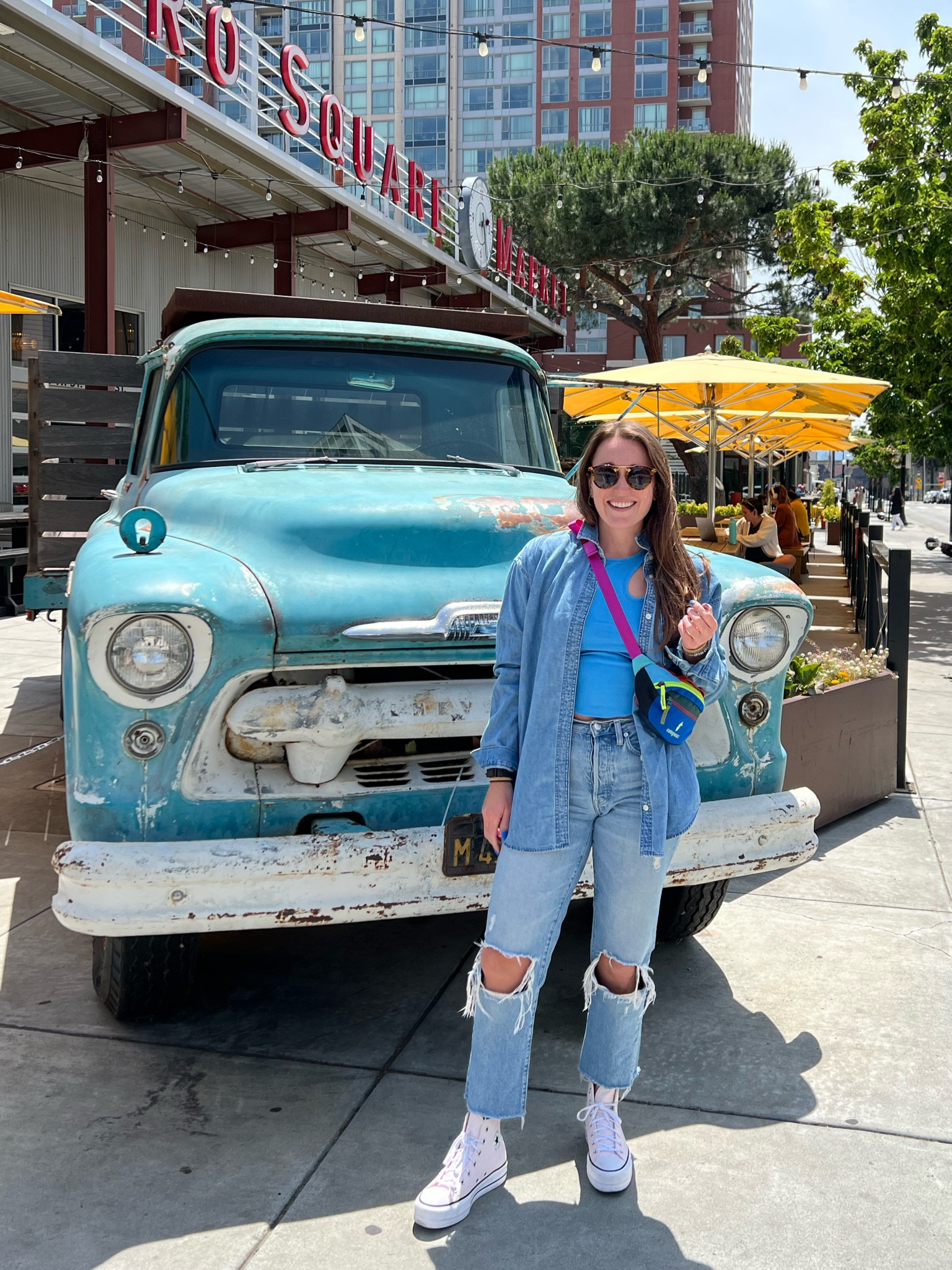 Day 9 of 30 of getting dressed daily in June with things in my closet. In a blue mood this casual Friday. Oversized denim shirt with my fav jeans, platform sneaks and this fun tank top from Target 