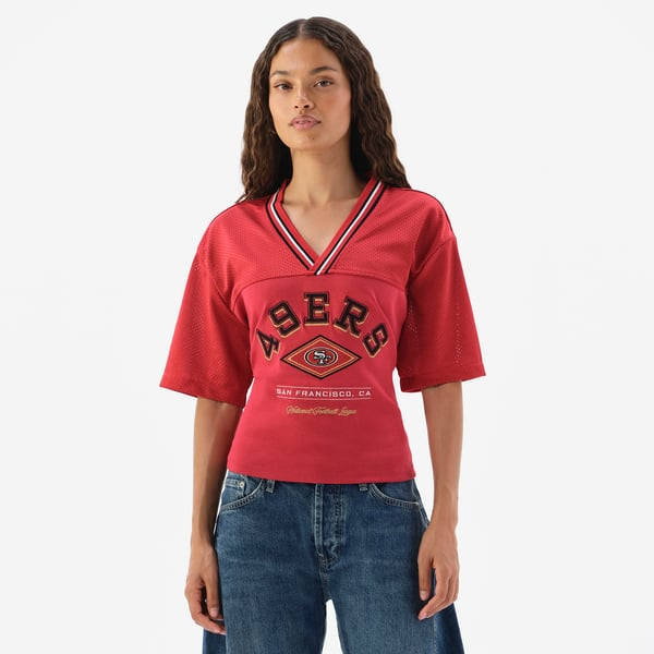 San Francisco 49ers Off Season Women's Lace-Back V-Neck T-Shirt - Scarlet | Fanatics