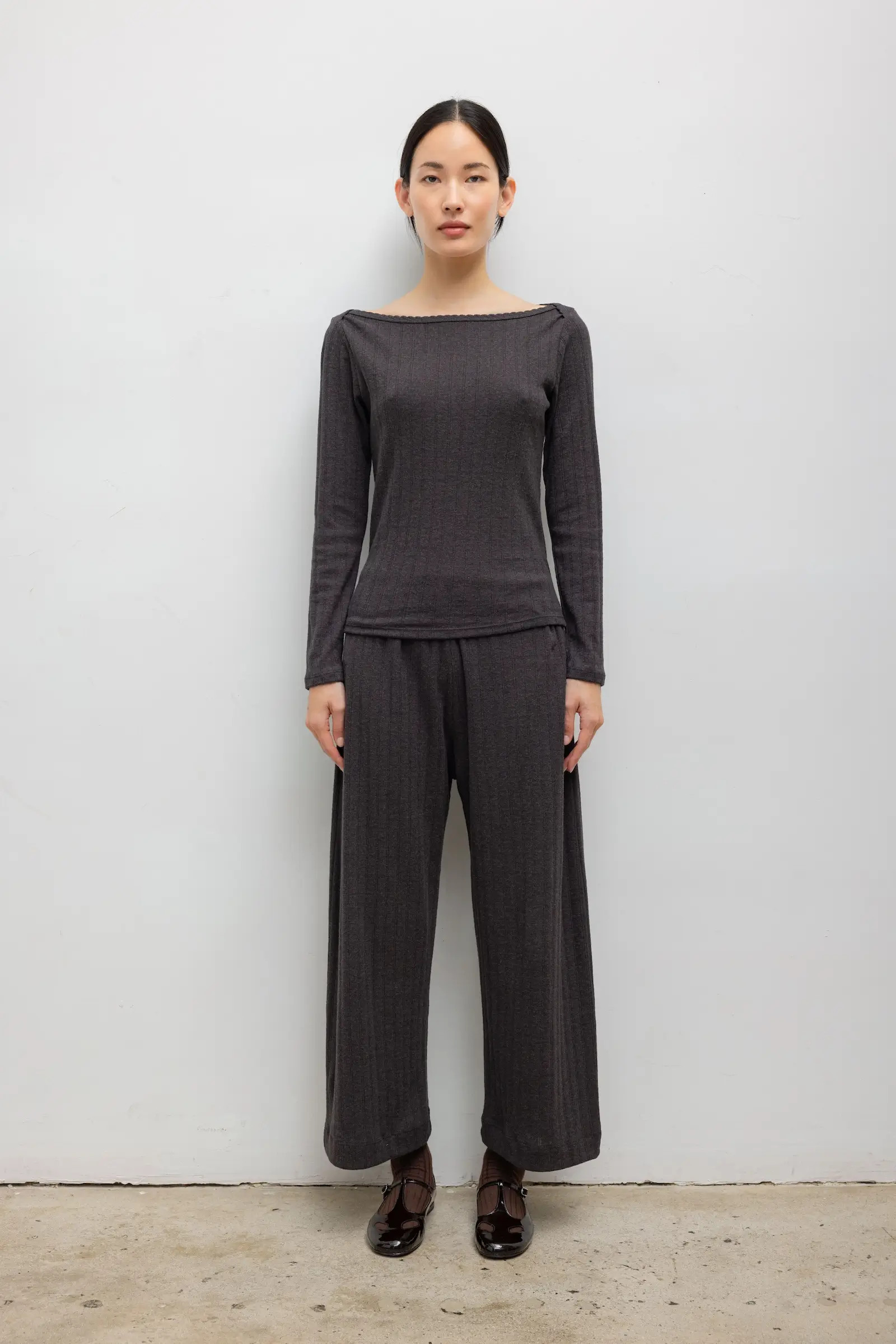 LESET Pointelle Crop Wide Leg Pant in Hickory Melange in Cotton | LESET