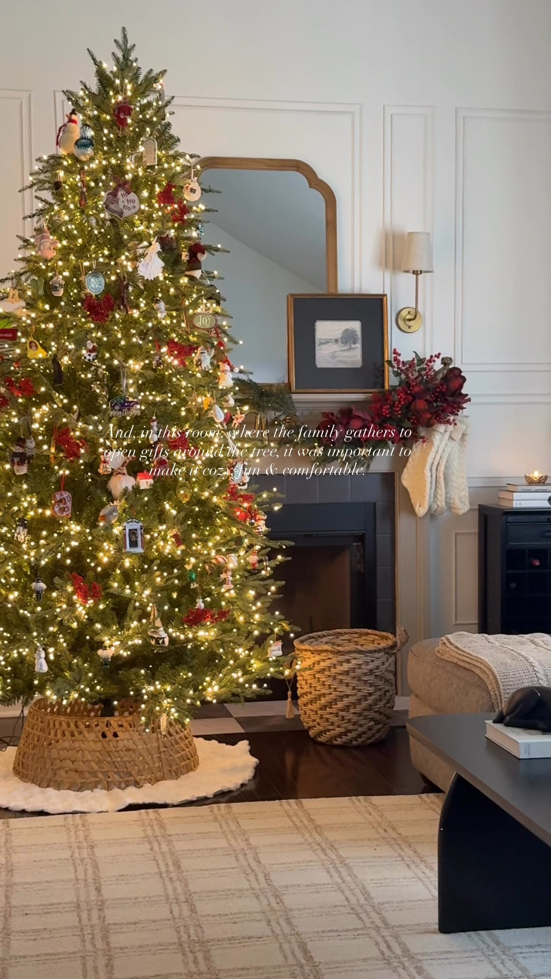 Recreate this Christmas family room with a rug and tree and stockings and all the cozy things! 

Sconces
Home Depot tree
Tree collar
Tree skirt
Framed art 
Garland
Pillows
Mirror
Holiday stems
Tree picks 
Coffee table books
Chess set
Crystal candy dish

#LTKSaleAlert #LTKHoliday #LTKHome