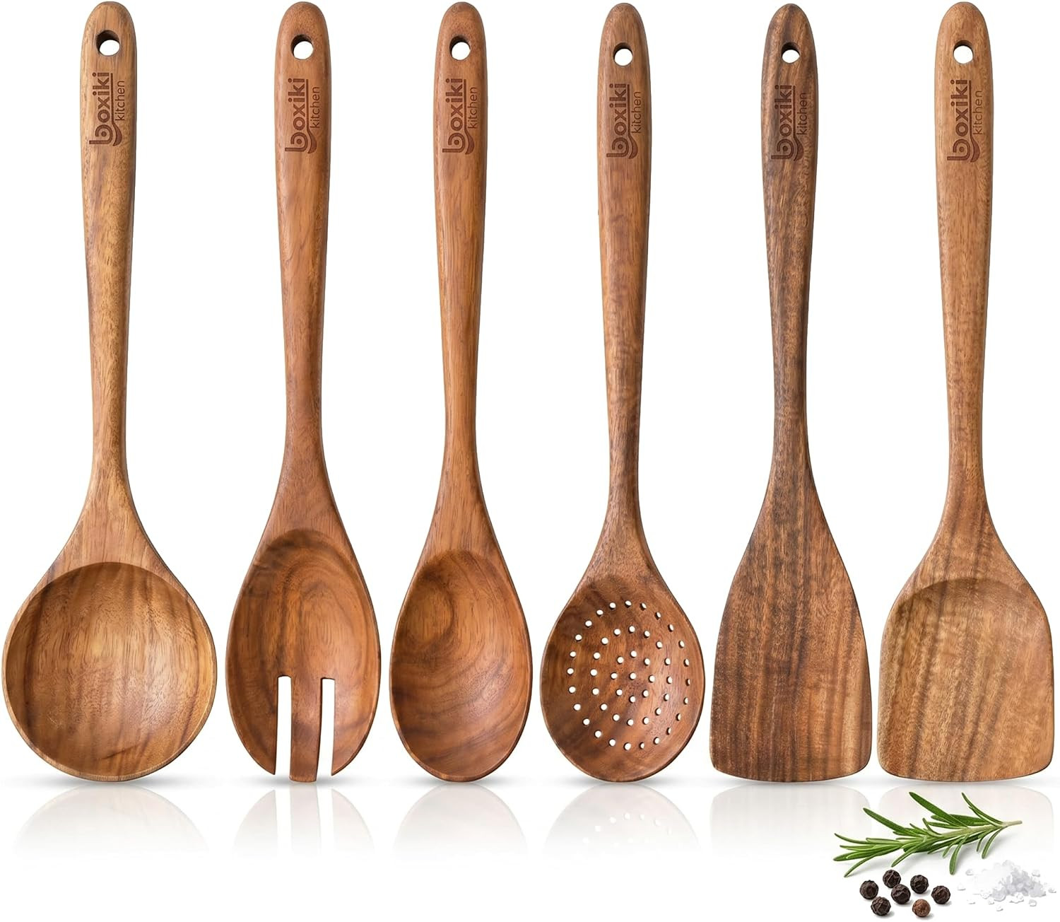 Luxury Teak Wood Utensil Set - Elegant 6-Piece Cooking Ensemble Including Spoons, Server, Scraper & Spatula - Expertly Crafted for Culinary Excellence | Amazon (US)