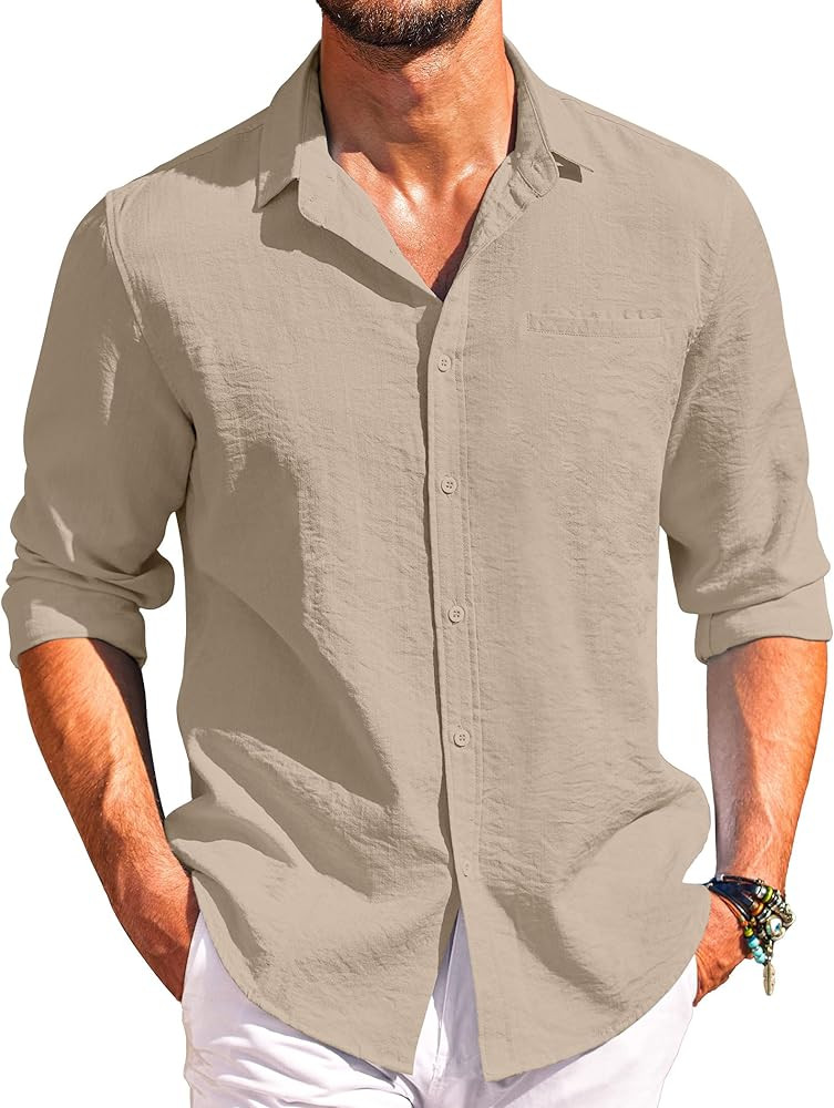 COOFANDY Men's Casual Long Sleeve Button Down Shirts Linen Dress Shirt Beach Summer Shirts with P... | Amazon (US)