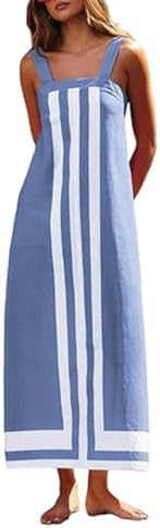 Women's Boho Beach Cover Up Dress Long Striped Maxi Dress with Shoulder Straps Summer Coverup 202... | Amazon (US)