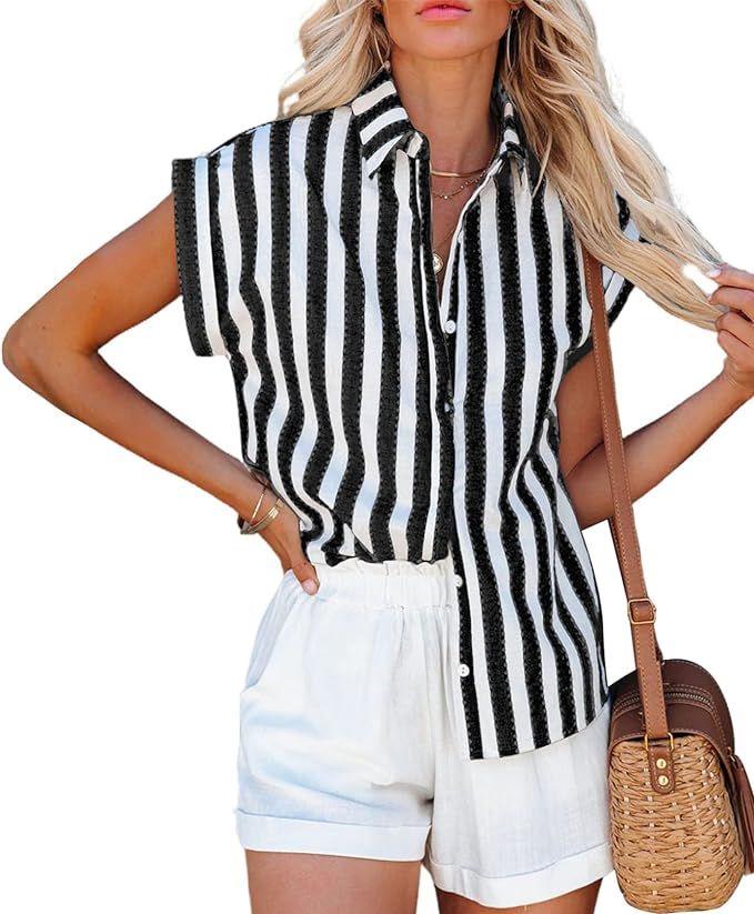PRETTYGARDEN Women's Short Sleeve Button Down Shirts Striped V Neck Collared Summer Loose Casual ... | Amazon (US)