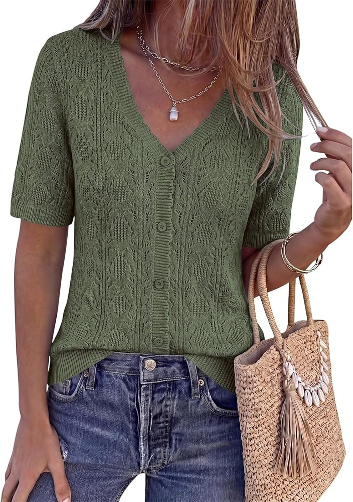 PRETTYGARDEN Short Sleeve Crochet Tops for Women Trendy 2026 Summer Cardigan Sweaters Button Up L... | Amazon (US)