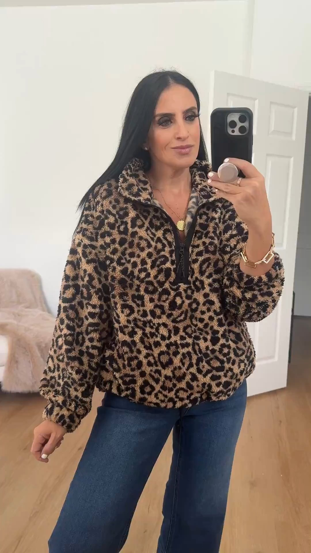 Walmart leopard Sherpa fleece no boundries plush half zip pullover wearing size large. Comes in ten colors 