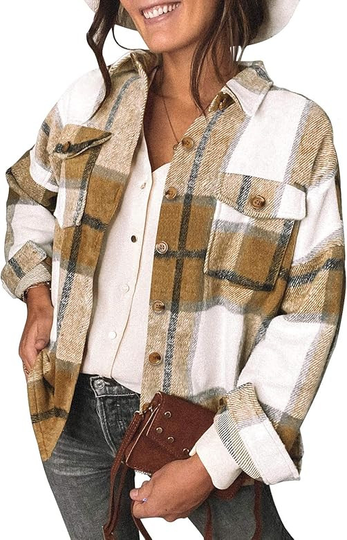 DOROSE Women's Long Sleeve Button Down Plaid Flannel Shirt Jackets Coats | Amazon (US)