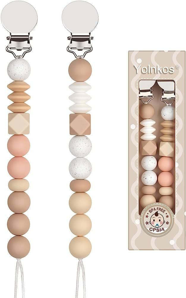 Yolnkos Pacifier Clips for Baby Boys Girls Leash Holder 2-Pack(Oatmeal.Peach) | Amazon (US)