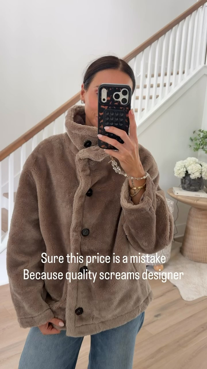 This Amazon teddy jacket looks so much more expensive than it is. I love the plush faux fur texture, oversized collar, and statement buttons. The taupe color goes with just about everything, and it's such a cozy layer for cooler fall days.