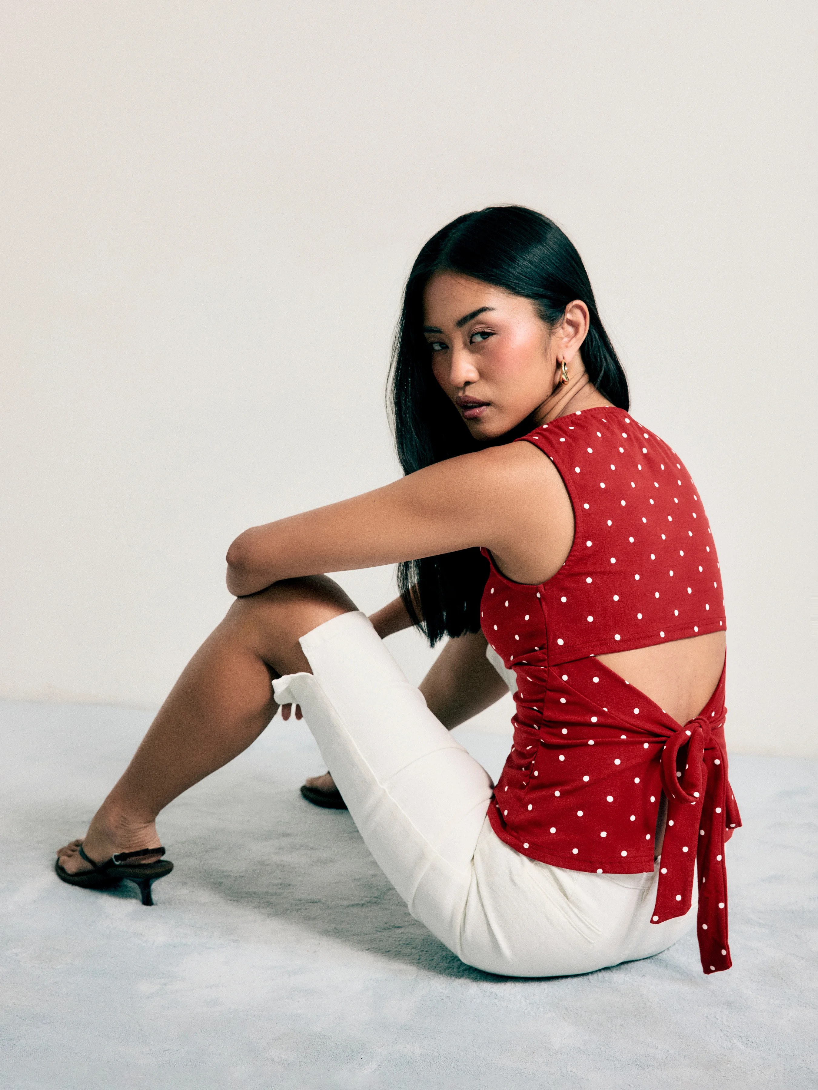 Cotton-blend Boat Neck Knotted Polka Dot Ruched Tank Top | Cider