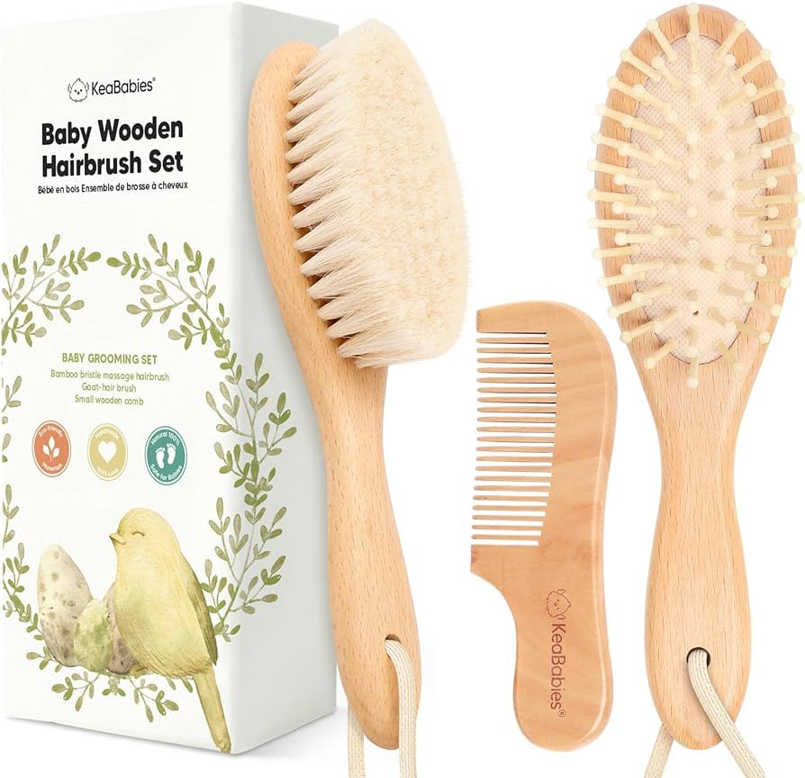 Baby Hair Brush and Comb Set for Newborn - Wooden Baby Hair Brush Set with Soft Goat Bristle, Bab... | Amazon (US)