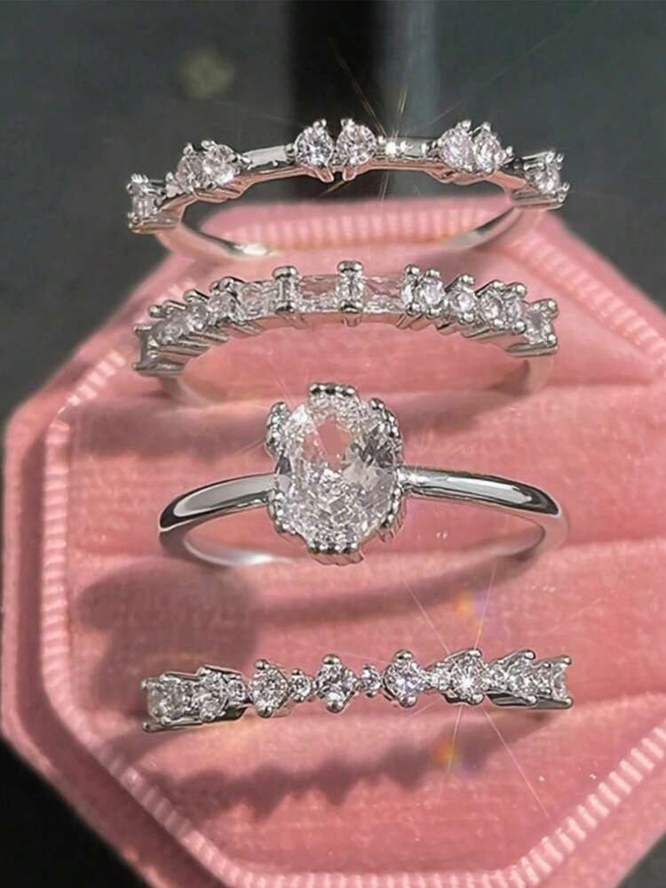 4pcs/Set Elegant Stacking Rings With Sparkling Fake Zirconia Teardrops And Rectangular Symbols, Symbolizing Romance And Prestige, For Everyday Wear, And Perfect Gift For Spring Festival New Year,No Gift Box | SHEIN