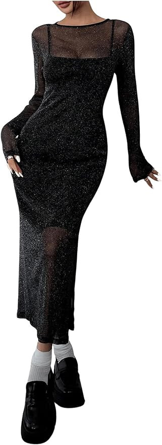 Milumia Women's Glitter Long Sleeve Mesh Dress Split Hem Party Sheer Long Dresses | Amazon (US)