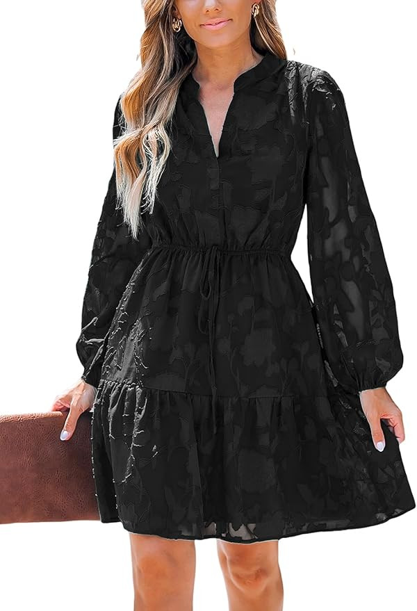 CUPSHE Women Ruffle Lace Mini Fall Dresses Semi Formal Wedding Guest Dress V Neck Long Puff Sleev... | Amazon (US)