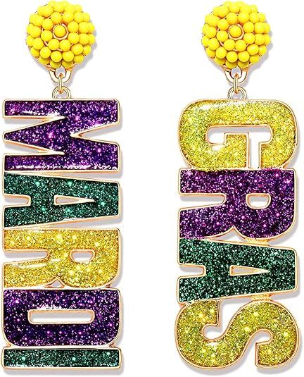 Mardi Gras Earrings Beaded Mask Letter MARDI GRAS Dangle Earrings for Women Girls Crown Carnival ... | Amazon (US)