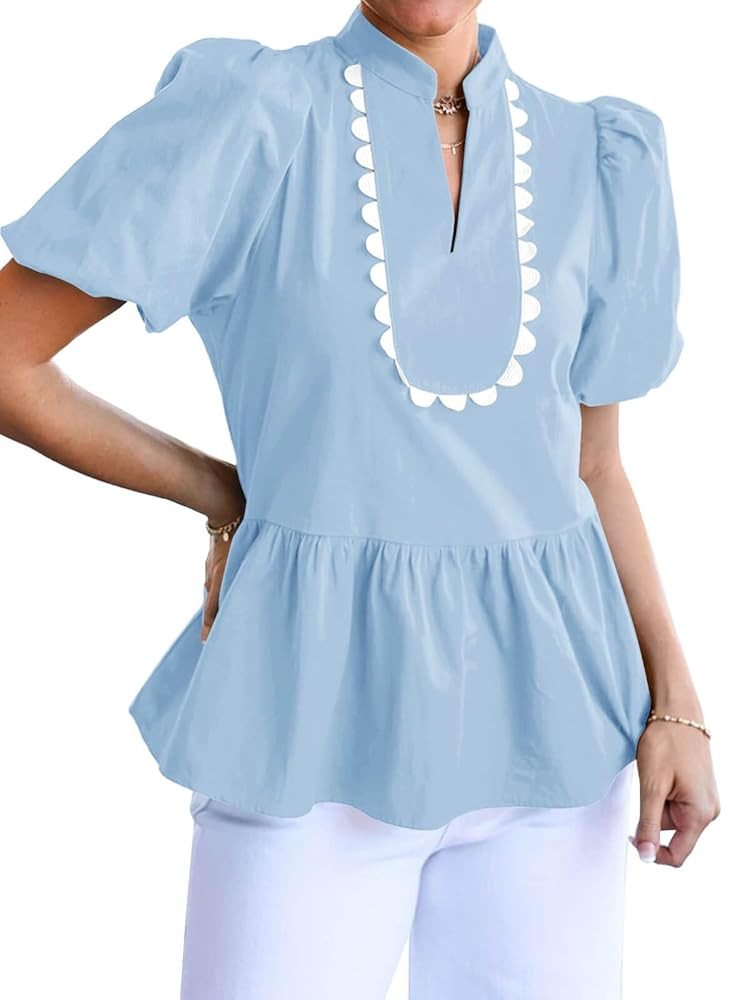 Cicy Bell Womens Puff Sleeve Peplum Blouses Ruffle V Neck Summer Casual Tops Babydoll Loose Fit S... | Amazon (US)
