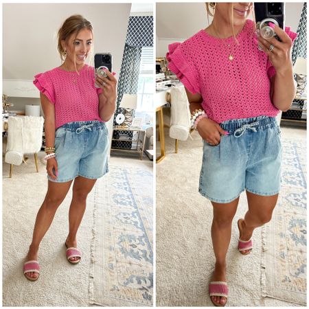 here is a cute every day outfit I am wearing! I have been so into the crochet trend. I love looking cute, but also being comfy! These Walmart pull on denim shorts are the best! I have them in all four colors. They run true to size, wash, great, and are under $20. 

Crochet ruffle sweater tank. Pull on denim shorts. Everyday style. 