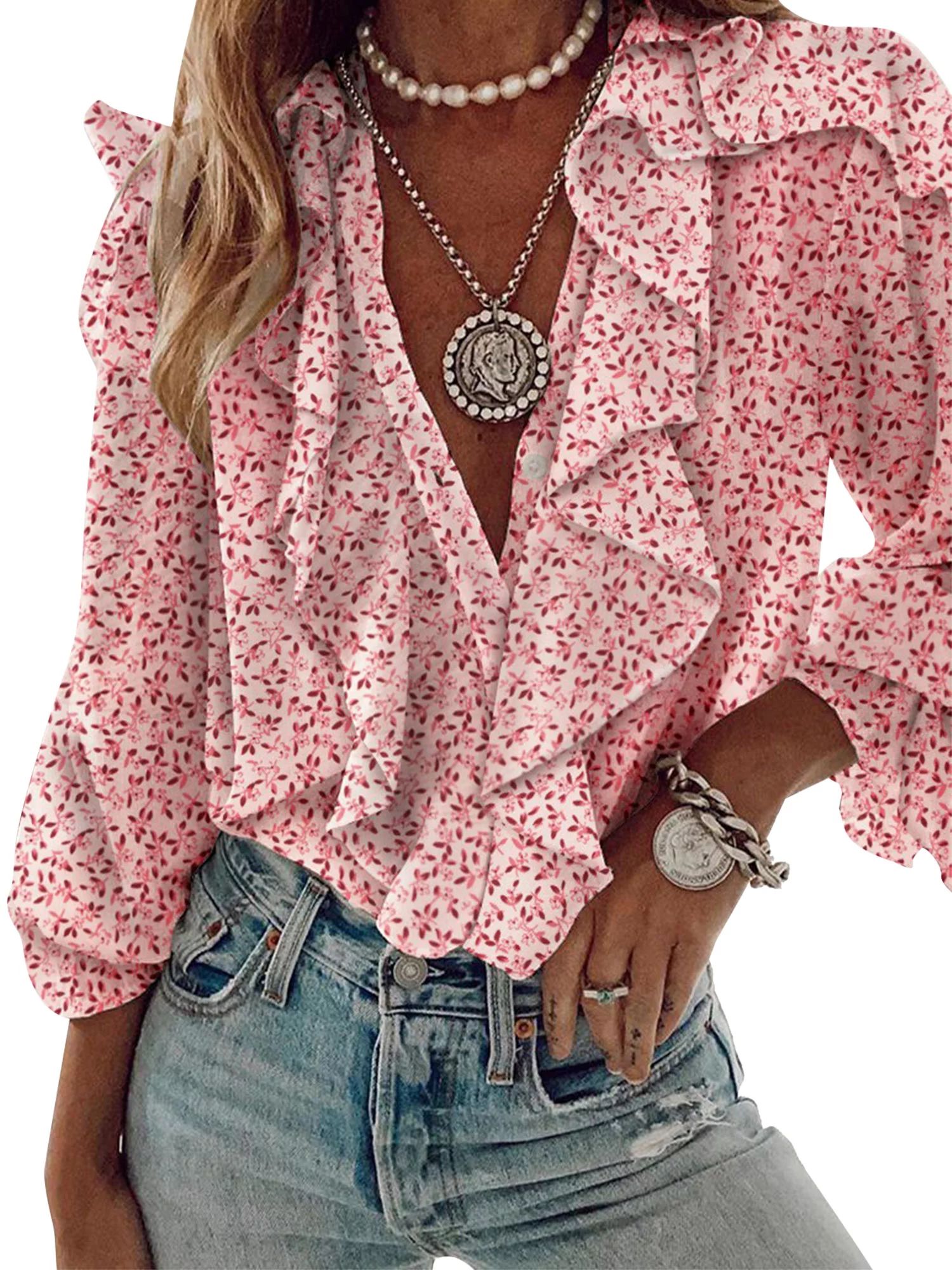 Merqwadd Women Button-down Ruffle Shirt V-neck Long Sleeve Blouse - Walmart.com | Walmart (US)