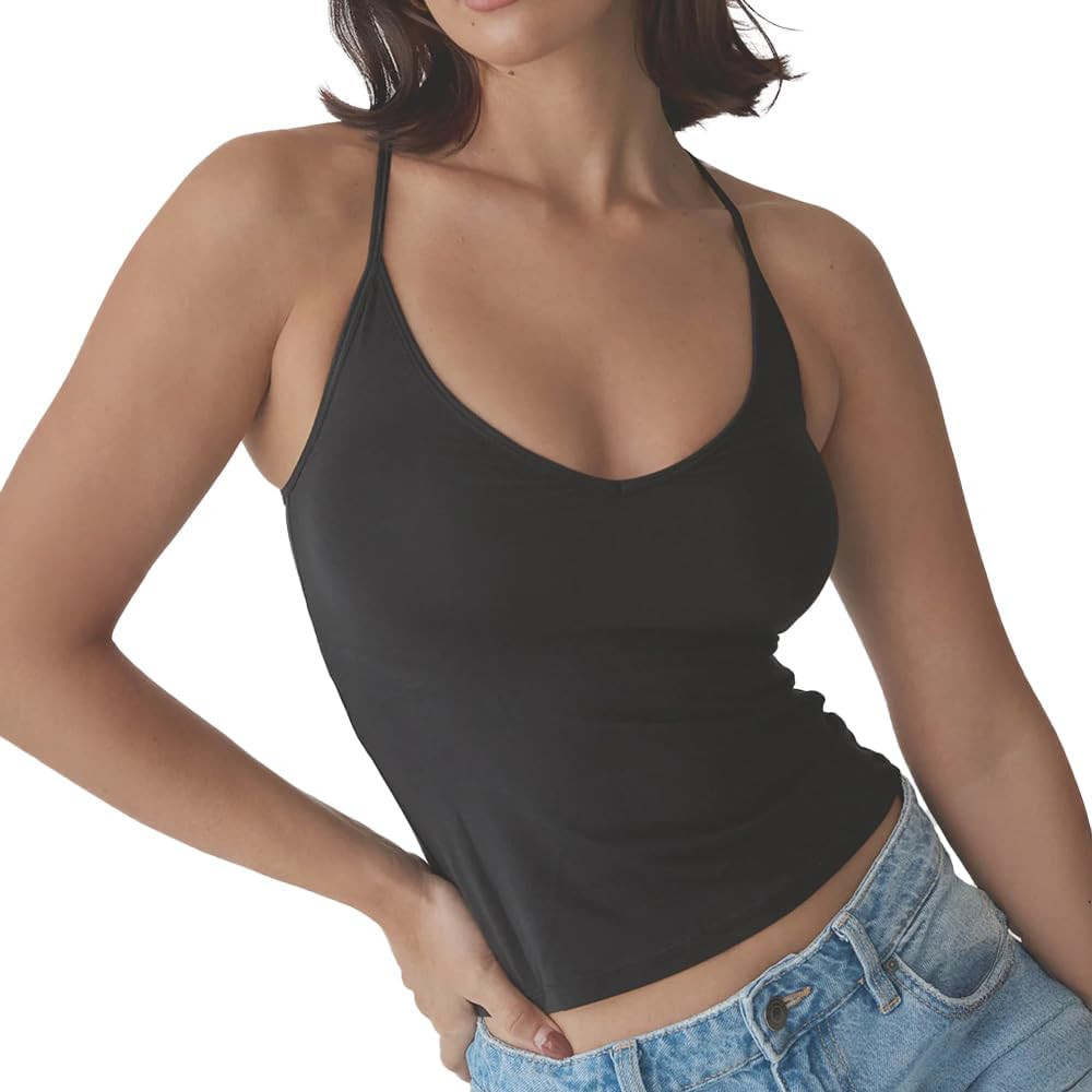 Klassy Network Solid Strappy Racerback Brami Tank-Top for Women - Built-in Bra Full Length U-Neck... | Amazon (US)