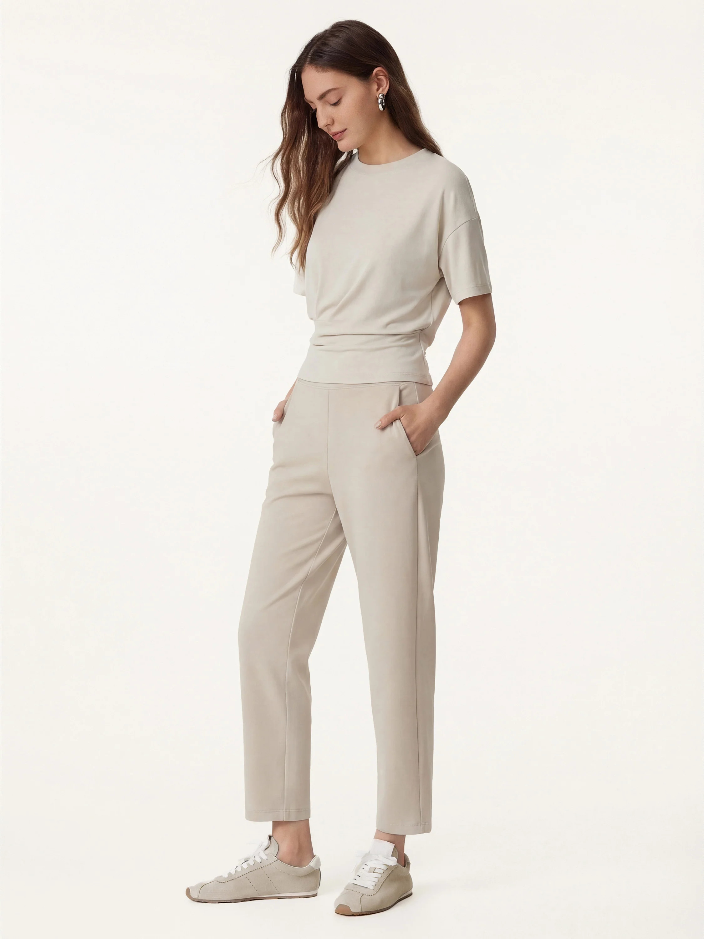 2Pcs Set Crewneck Tucked Tee & Mid Rise Tapered Pants with Pockets | OGLmove