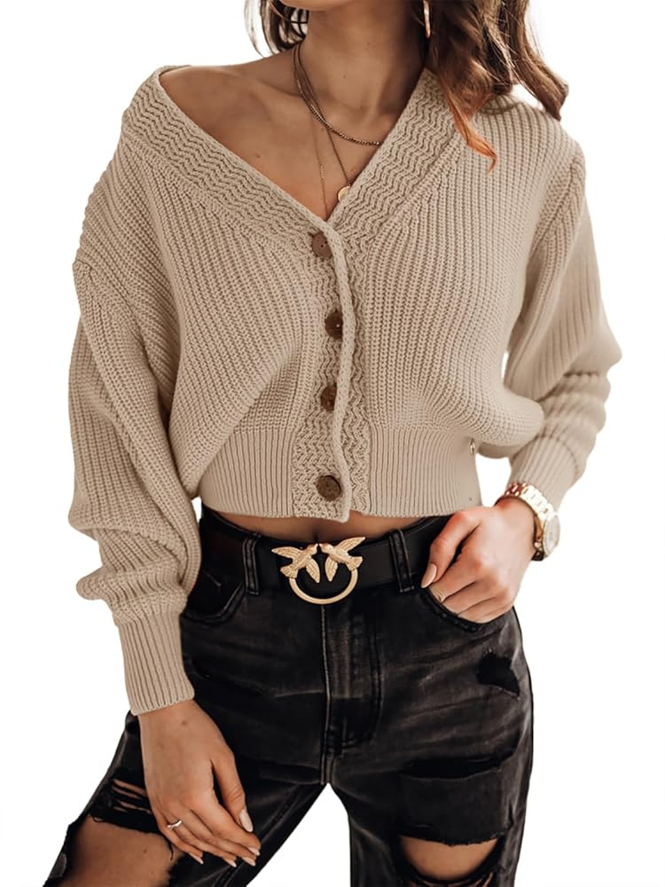 Febriajuce Women's Long Sleeve V-Neck Button Down Rib Knit Cropped Cardigan Sweater | Amazon (US)