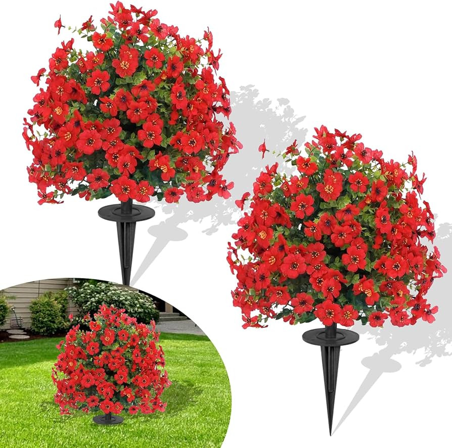 23" Artificial Faux Violet Flower with Ground Spikes for Outdoor 2 Pack, UV Resistant Faux Greene... | Amazon (US)