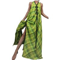 Lime Plaid Linen Maxi Dress For Women, Sleeveless Asymmetric Dress, Open Back | Etsy (US)
